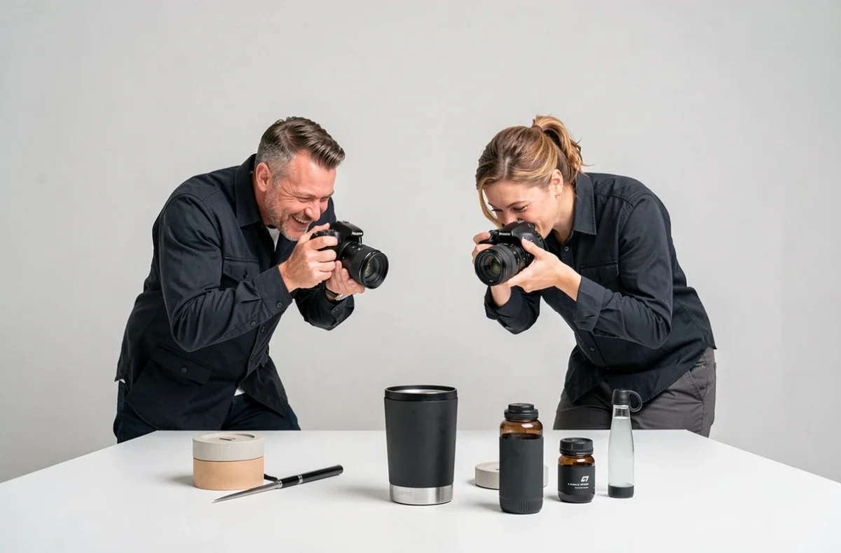 Le duo de 4 Mains Productions collaborant lors d'une séance photo commerciale en studio en Seine-Maritime