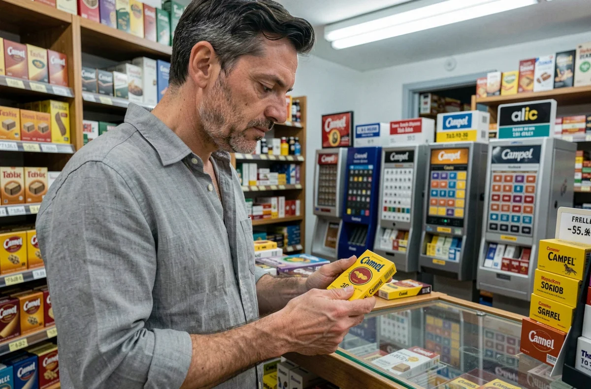 Homme achetant un paquet de tabac à rouler Camel 30g dans un bureau de tabac français avec affichage de prix