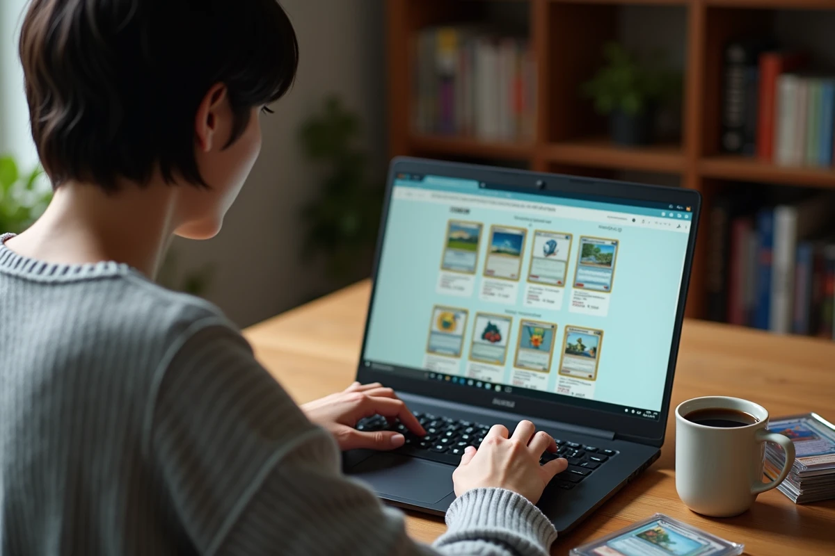 Femme recherchant des cartes Pokémon en rupture de stock sur un site de vente en ligne depuis son bureau à domicile