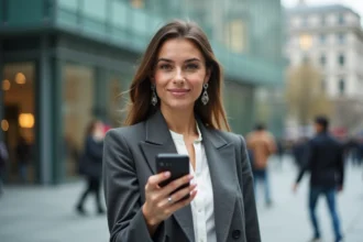 Femme élégante consultant l'actualité people sur son smartphone en ville