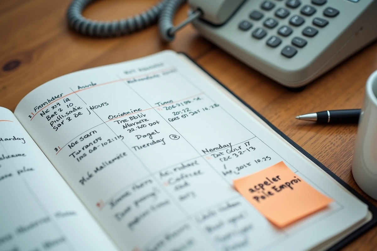 Agenda ouvert avec notes sur les horaires et jours fériés de Pôle Emploi en 2026, avec téléphone fixe en arrière-plan