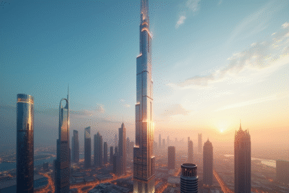 Almas Tower au lever du soleil sur Dubai avec gratte-ciel