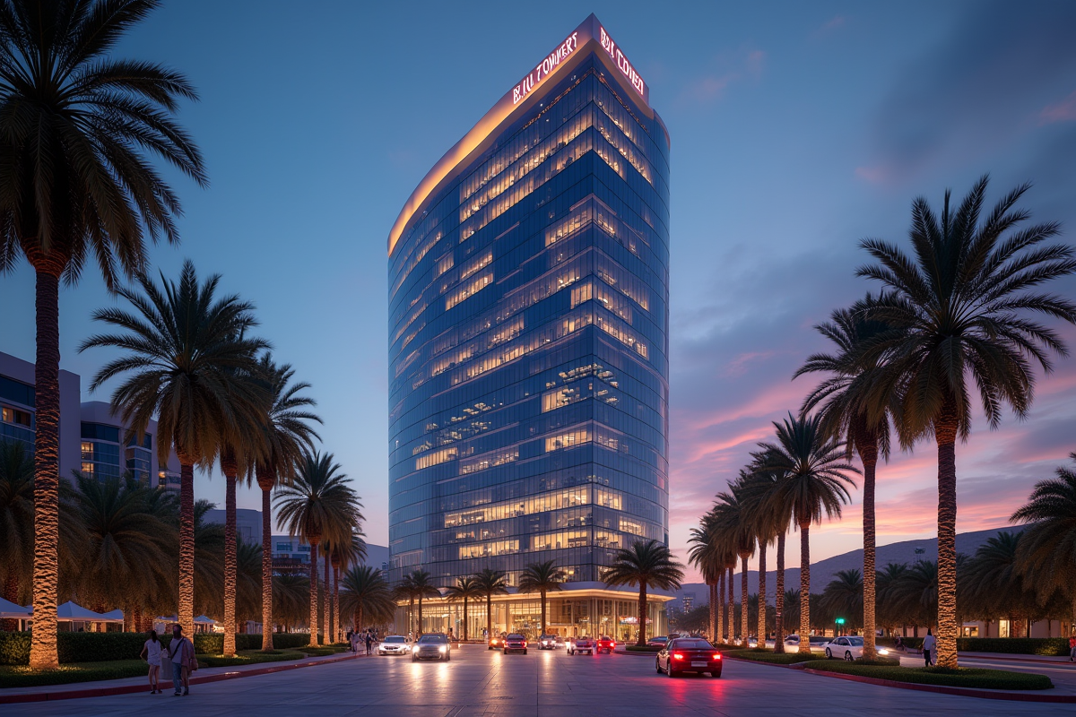 Almas Tower vue de rue au crépuscule avec vie urbaine