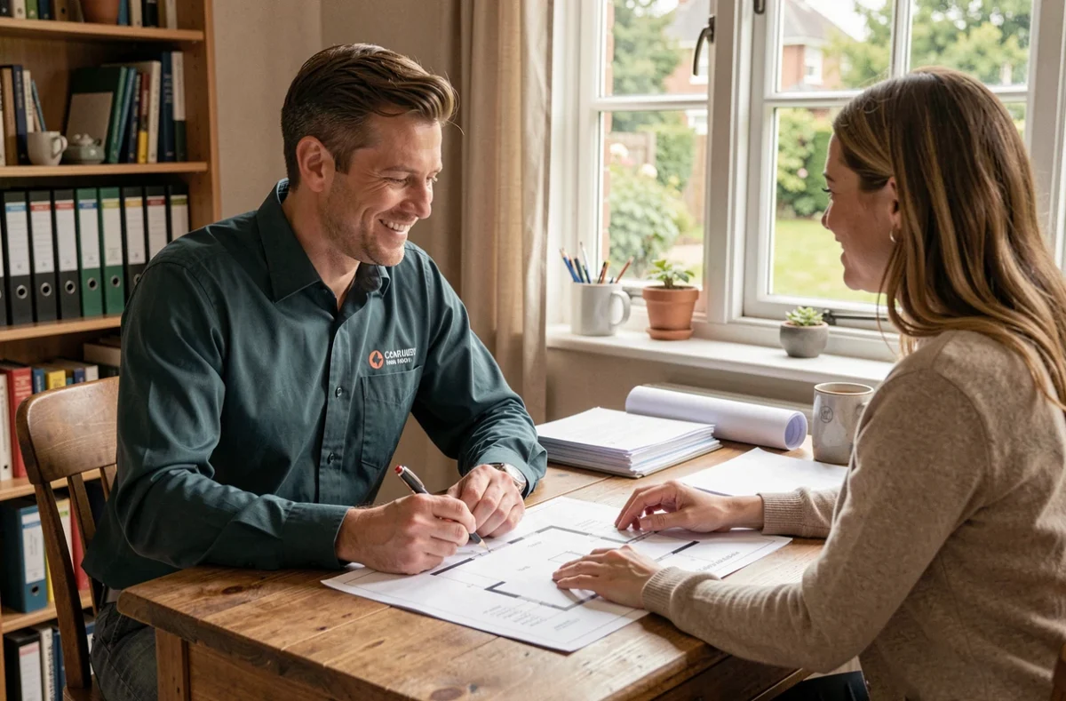 Professionnel d'Alter Ego Services en consultation avec un couple de clients autour de plans de plomberie à domicile