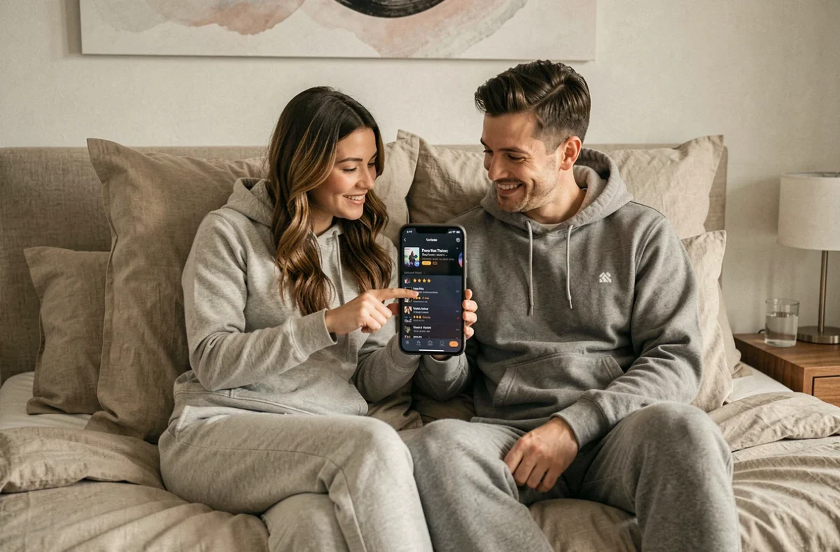 Deux amis choisissant ensemble leur prochaine série à regarder sur un smartphone dans une chambre détendue et confortable