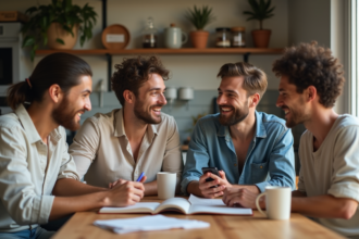 Groupe d'amis en cuisine d'été souriants et discutant