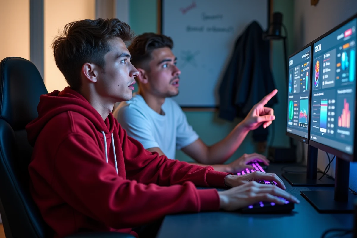 Deux amis étudiants découvrant avec stupeur le nombre d'heures passées sur League of Legends affiché sur un écran de statistiques, symbolisant la prise de conscience du temps gaspillé