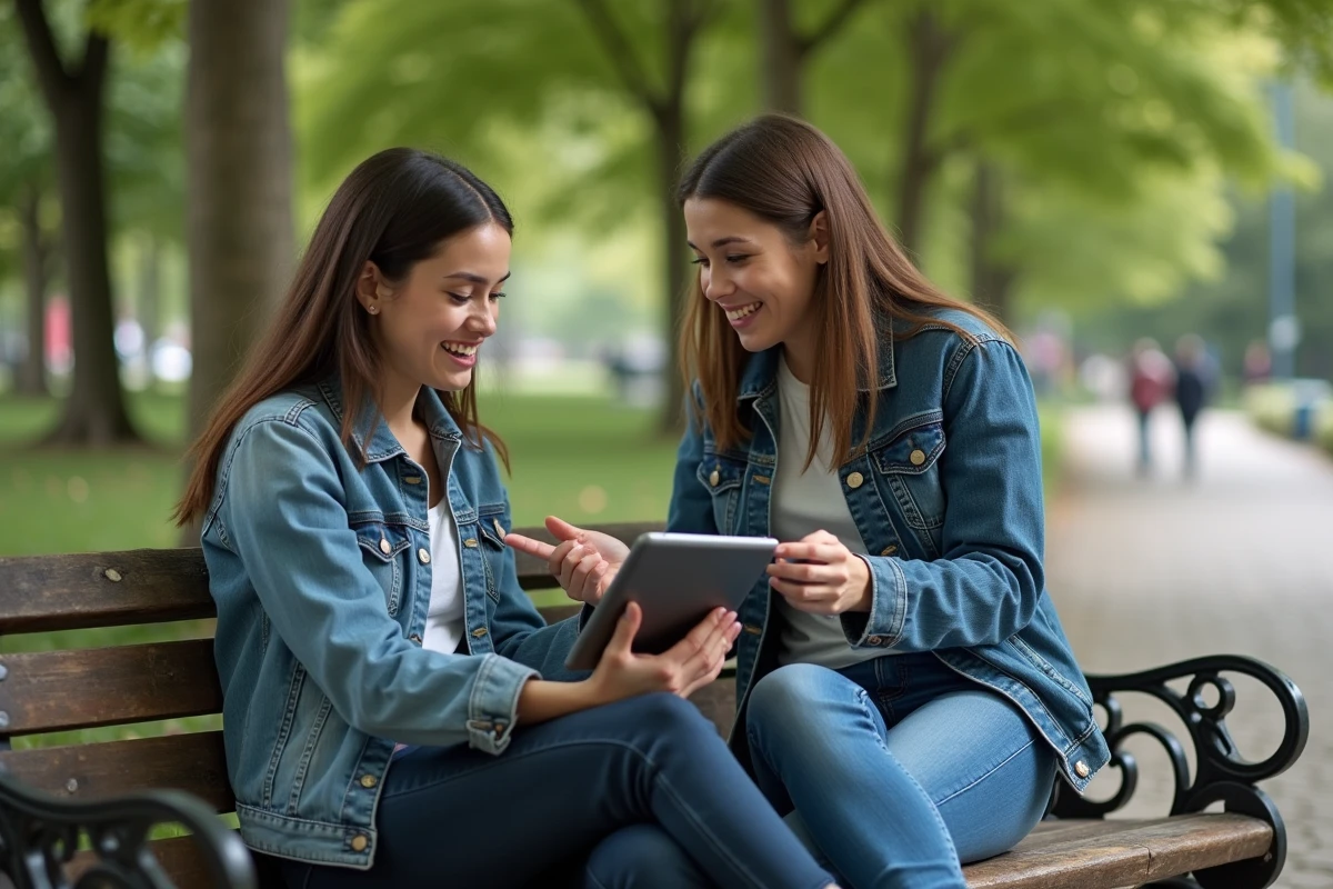 Deux amis discutant avec une tablette dans un parc urbain
