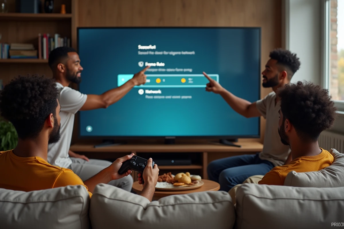 Groupe d'amis optimisant les réglages du jeu Snoki ensemble dans un salon convivial