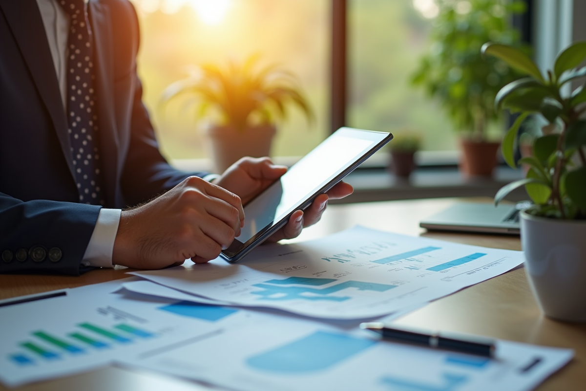 Professionnel analysant des graphiques financiers sur une tablette en bureau lumineux
