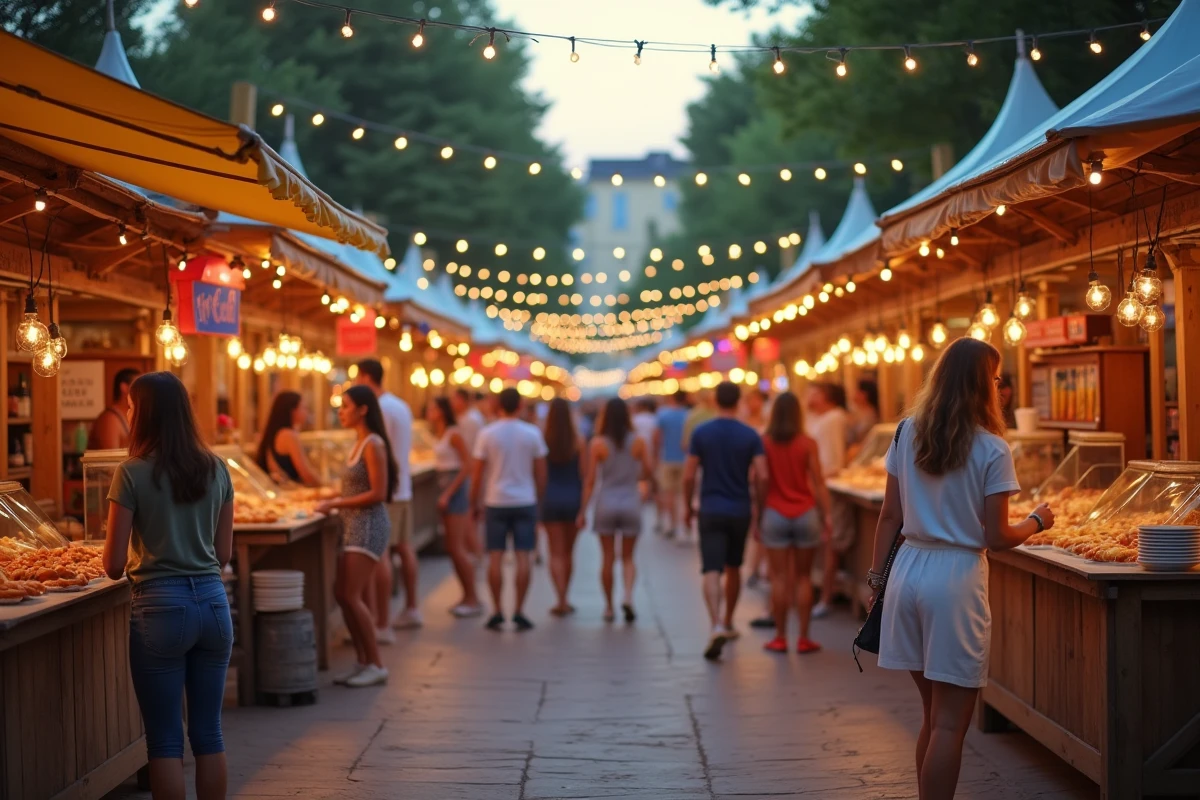 Animations de rue et stands festifs lors de la soirée estivale de Villeneuve d'Ascq avec des familles se promenant