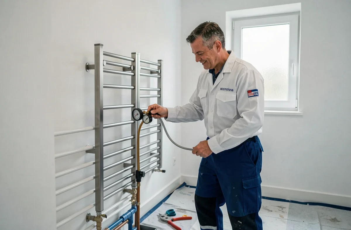 Plombier Areo Plomberie vérifiant l'installation d'un radiateur sèche-serviette dans un appartement rénové