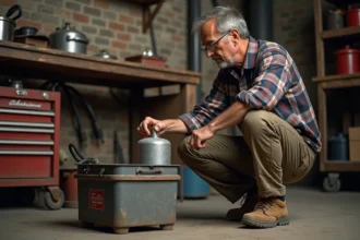 Artisan homme attachant une bouteille de gaz dans son atelier