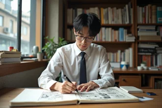 Jeune artiste japonais en train d'encrer un manga dans son studio