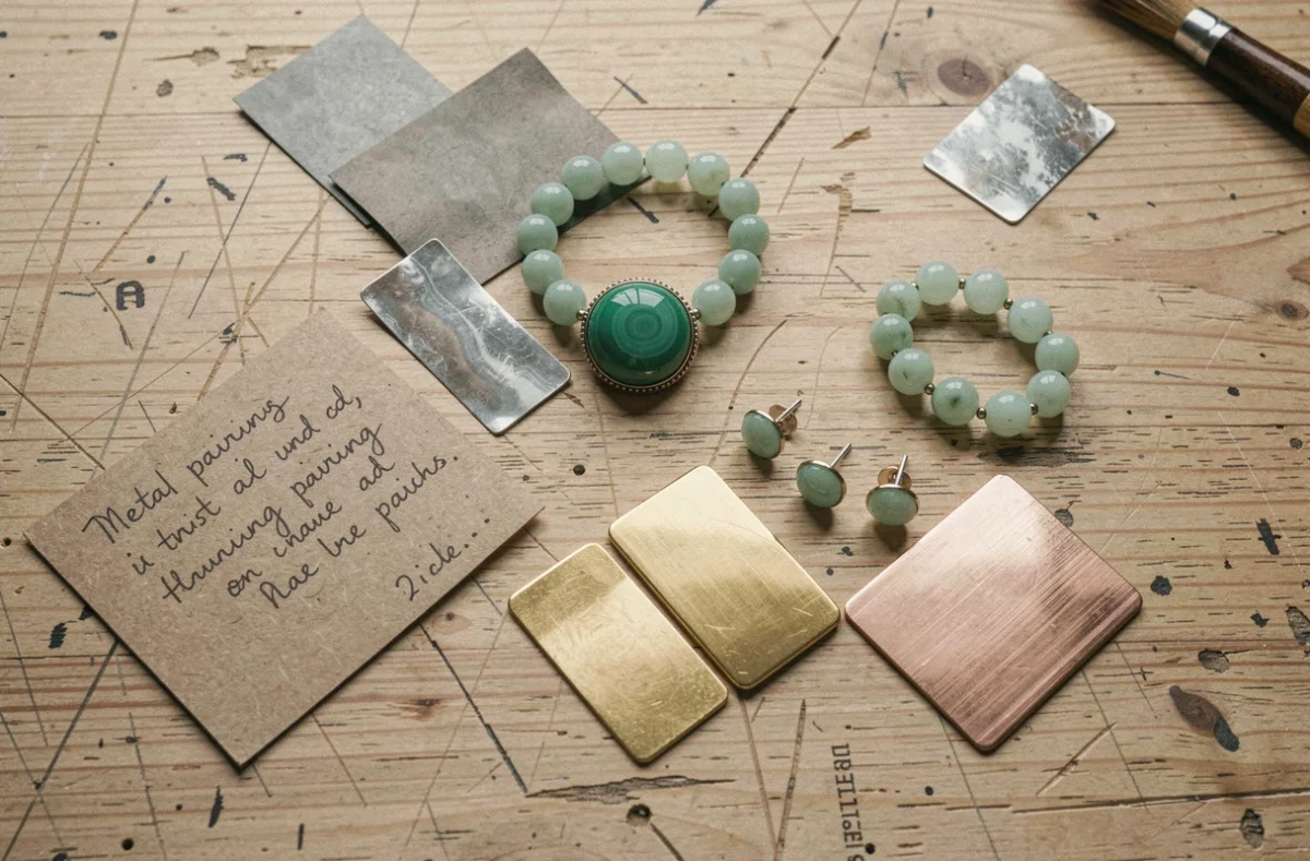 Planche d'association de métaux avec bijoux en pierre verte claire — argent oxydé, or jaune et or rose — sur bois de chêne patiné