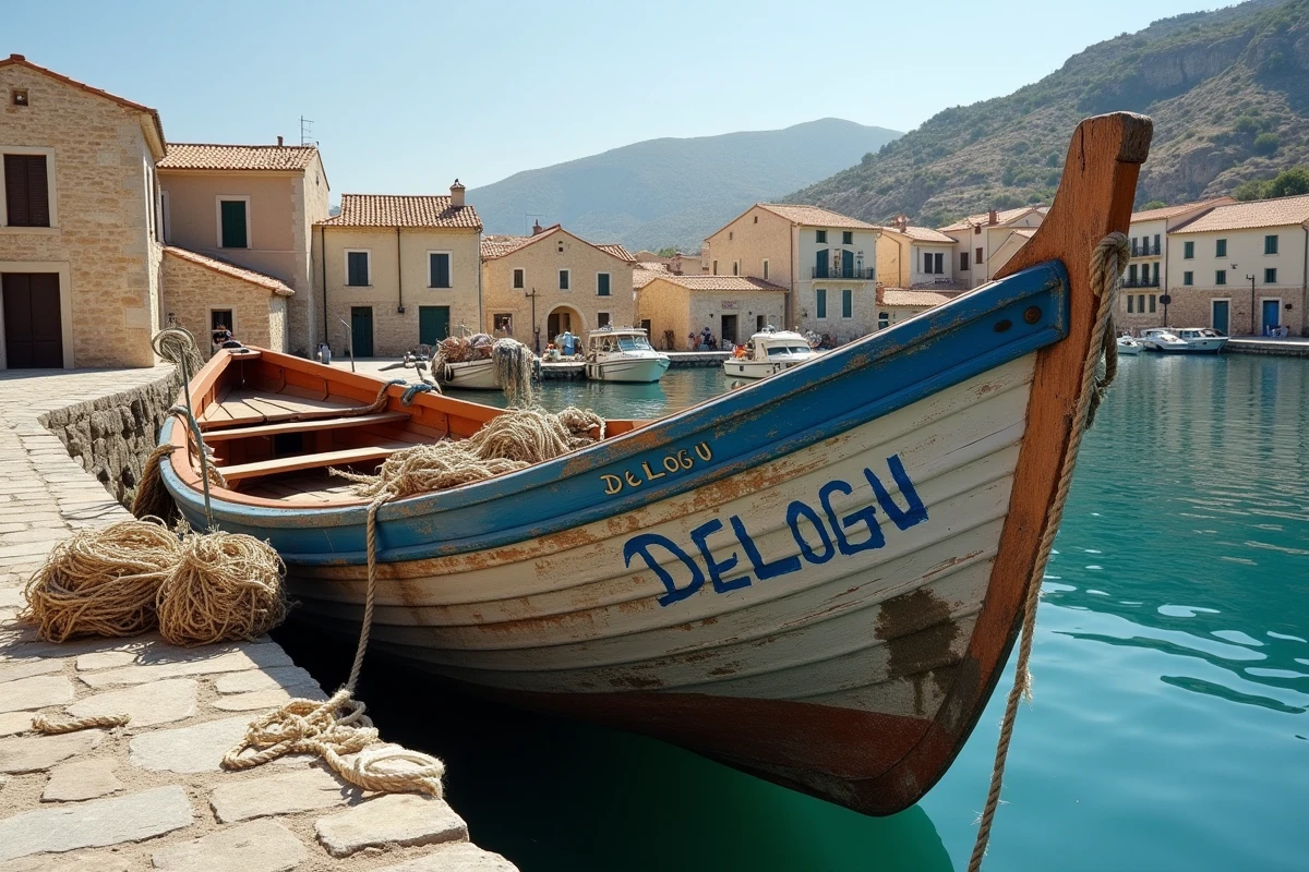 Barque de pêche traditionnelle portant le nom Delogu amarrée dans un port sarde en pierre