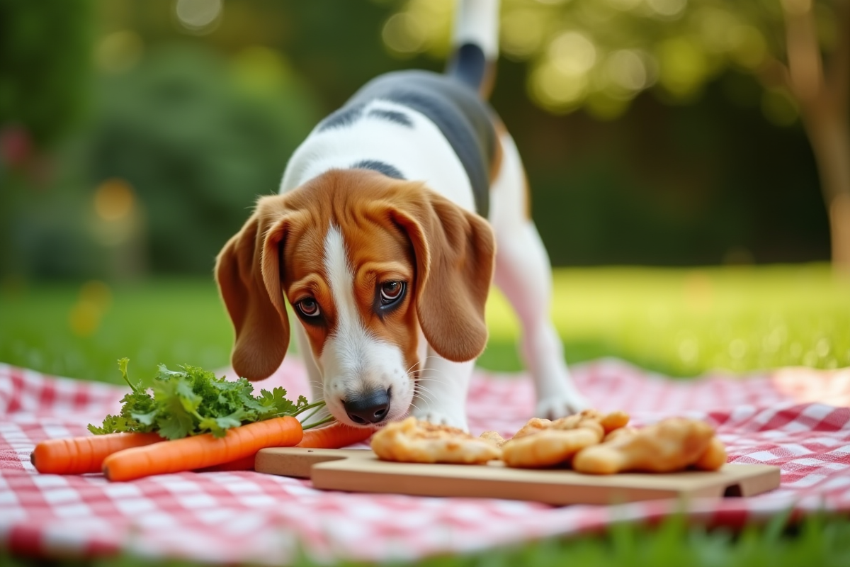 Beagle dans le jardin avec des légumes et poulet frais