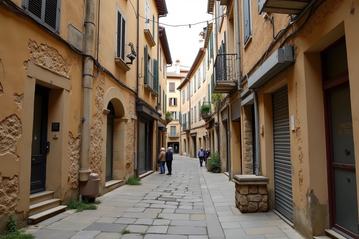 Rue médiévale en pente du centre ancien de Béziers avec façades en pierre délabrées et commerces fermés