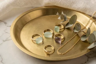 Bagues en pierre verte claire et bijoux en or jaune disposés sur un plateau en laiton brossé avec des chaînes dorées