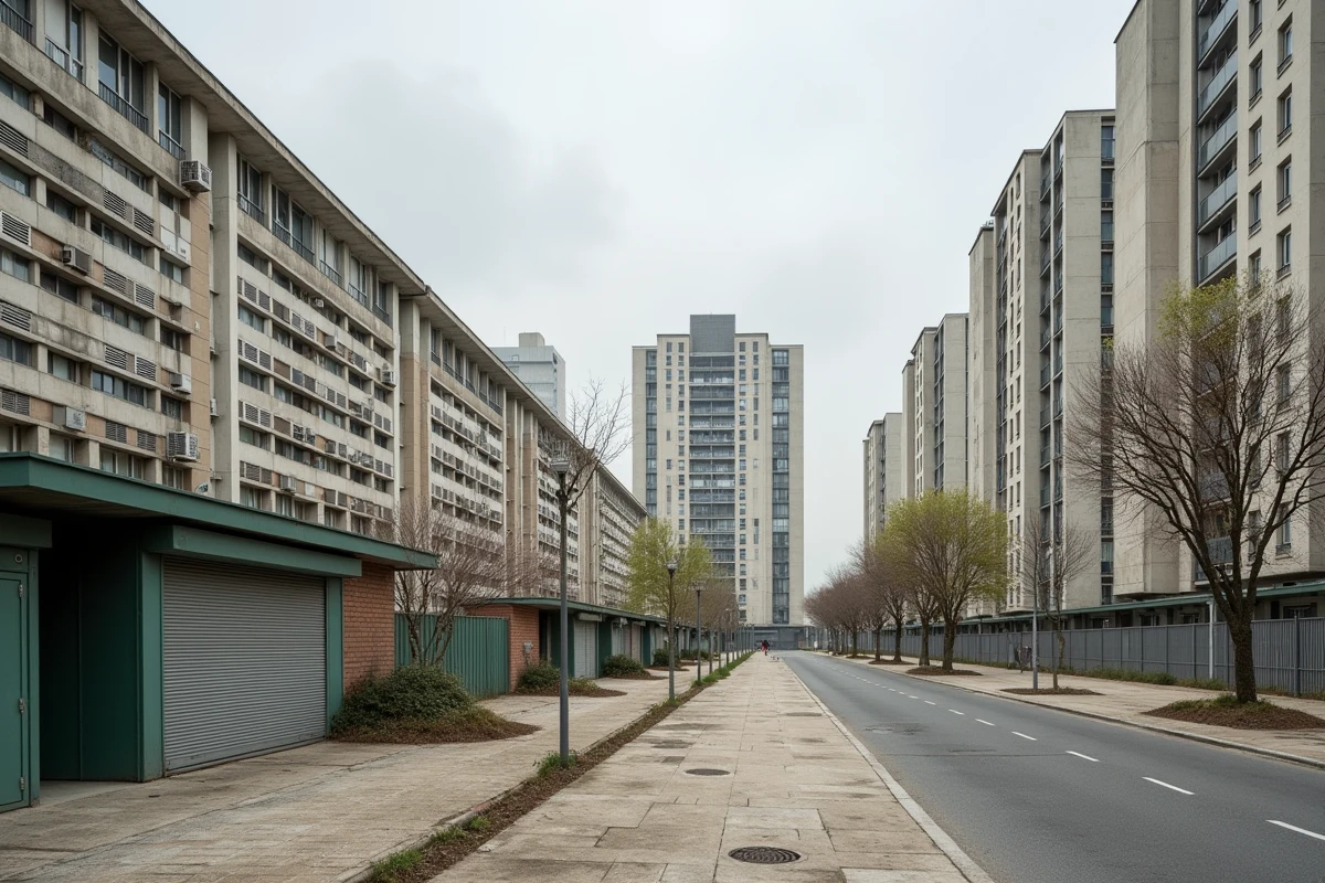 Cité des Aubiers à Bordeaux avec tours de logements modernistes et promenade piétonne vieillissante