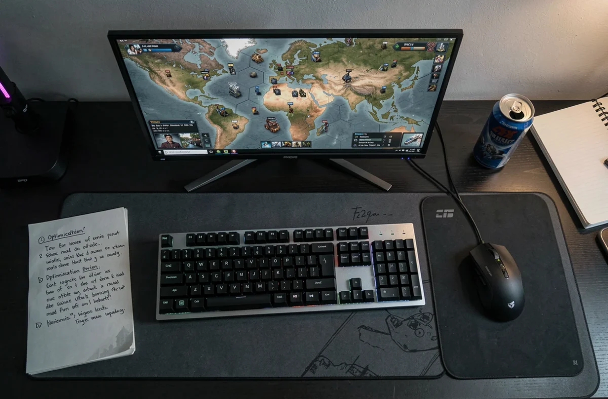 Vue aérienne d'un bureau gaming avec jeu de stratégie en pause, clavier mécanique, souris et notes d'optimisation manuscrites