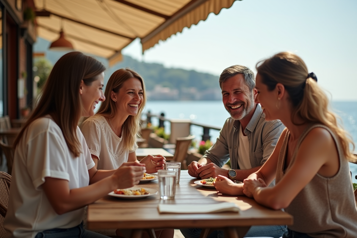 Trois amis au café en plein air près de la mer