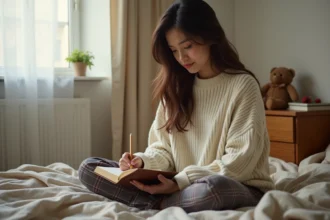 Jeune femme écrivant dans un carnet de rêves le matin, assise sur son lit avec un ourson en peluche près de l'oreiller