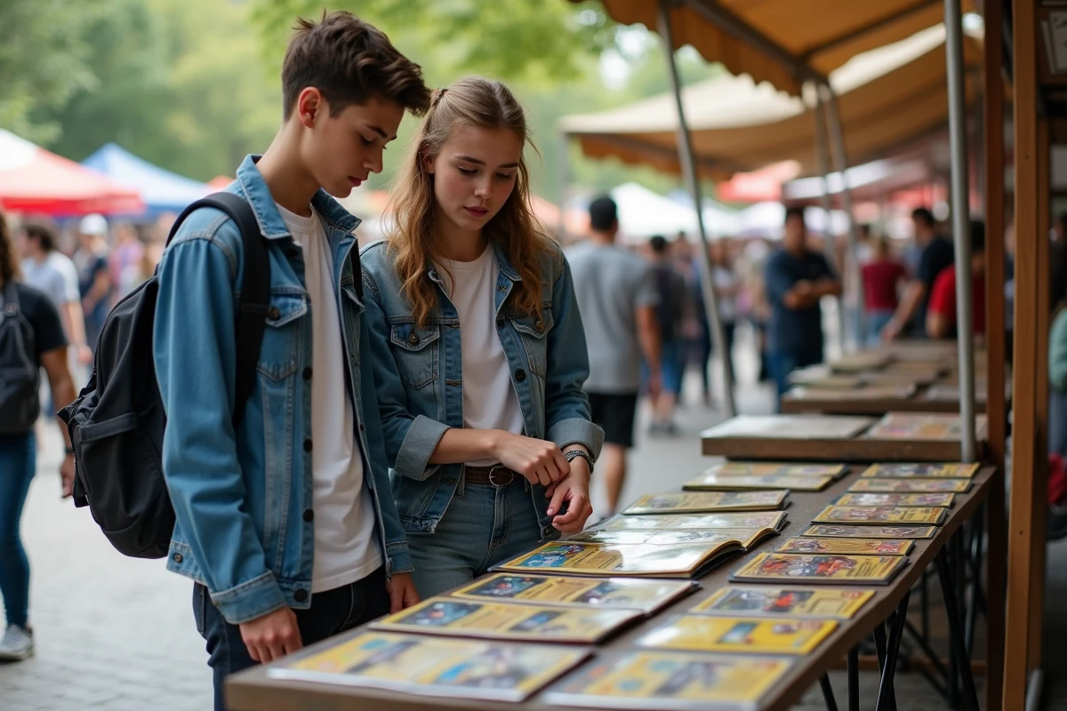 Deux amis découvrant des cartes Pokémon sur un stand de marché aux puces lors d'une pénurie en 2026