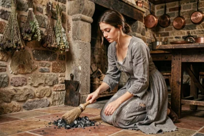 Jeune femme en robe de lin usée balayant les cendres d'une cheminée en pierre dans une cuisine rustique du XVIIe siècle, illustrant le conte Cendrillon de Charles Perrault