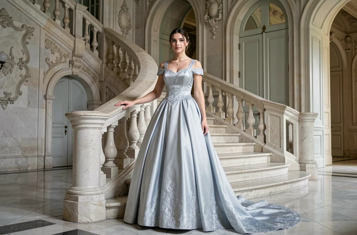 Jeune femme en robe de bal en soie bleue argentée au pied d'un grand escalier baroque dans un château français, illustrant la scène du bal du conte Cendrillon de Perrault