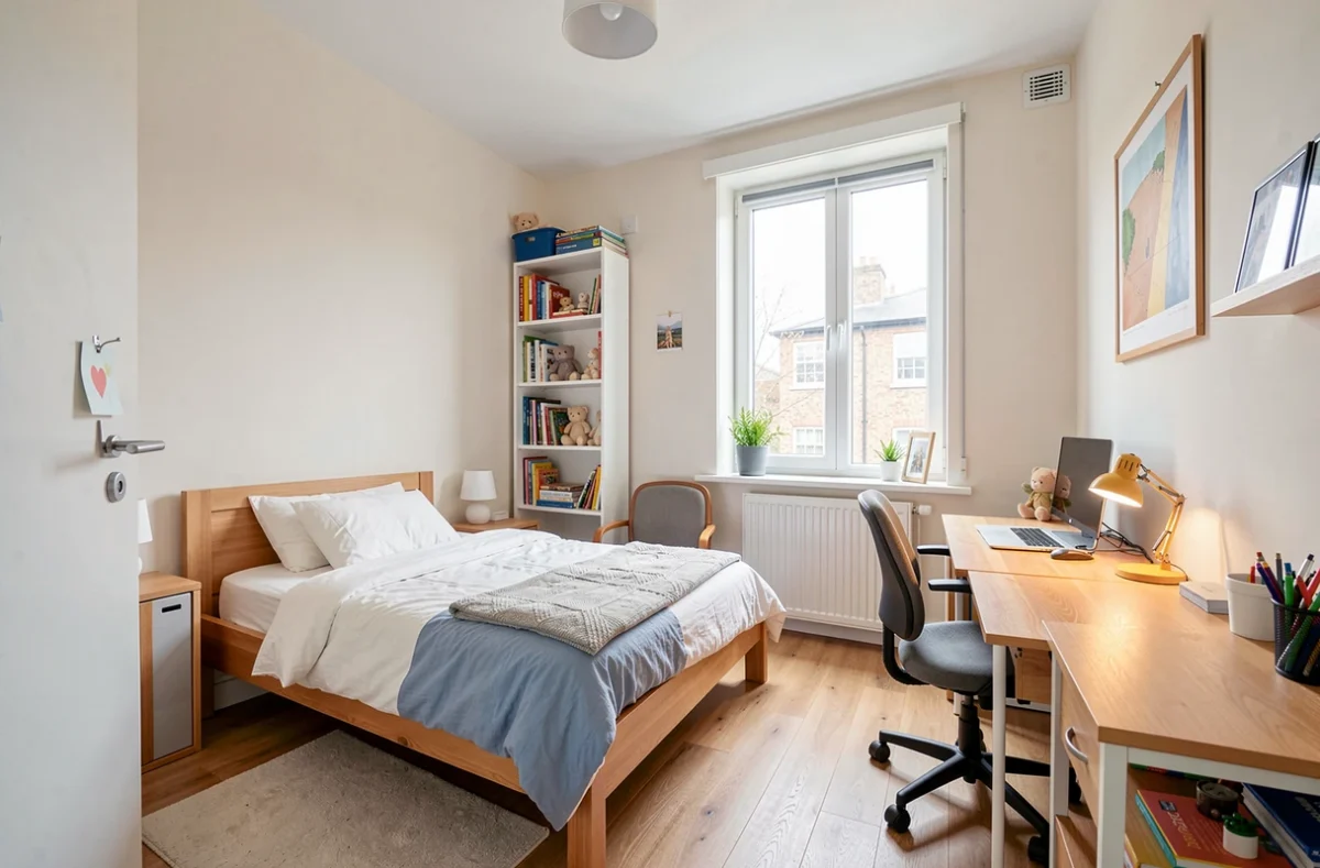 Chambre étudiante meublée avec bureau et lit