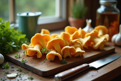 Champignons chanterelles fraîches en cours de nettoyage sur une table en bois