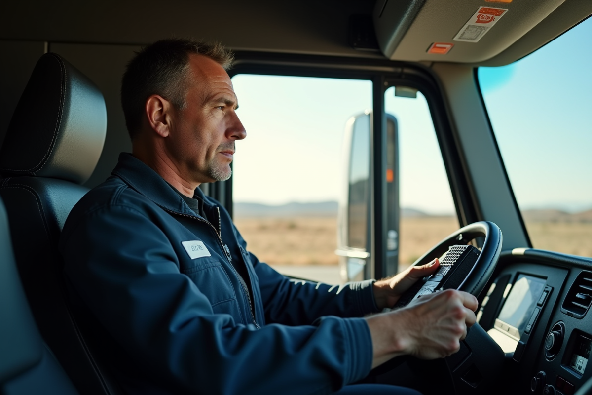 Conducteur de camion moderne utilisant un radio dans cabine lumineuse