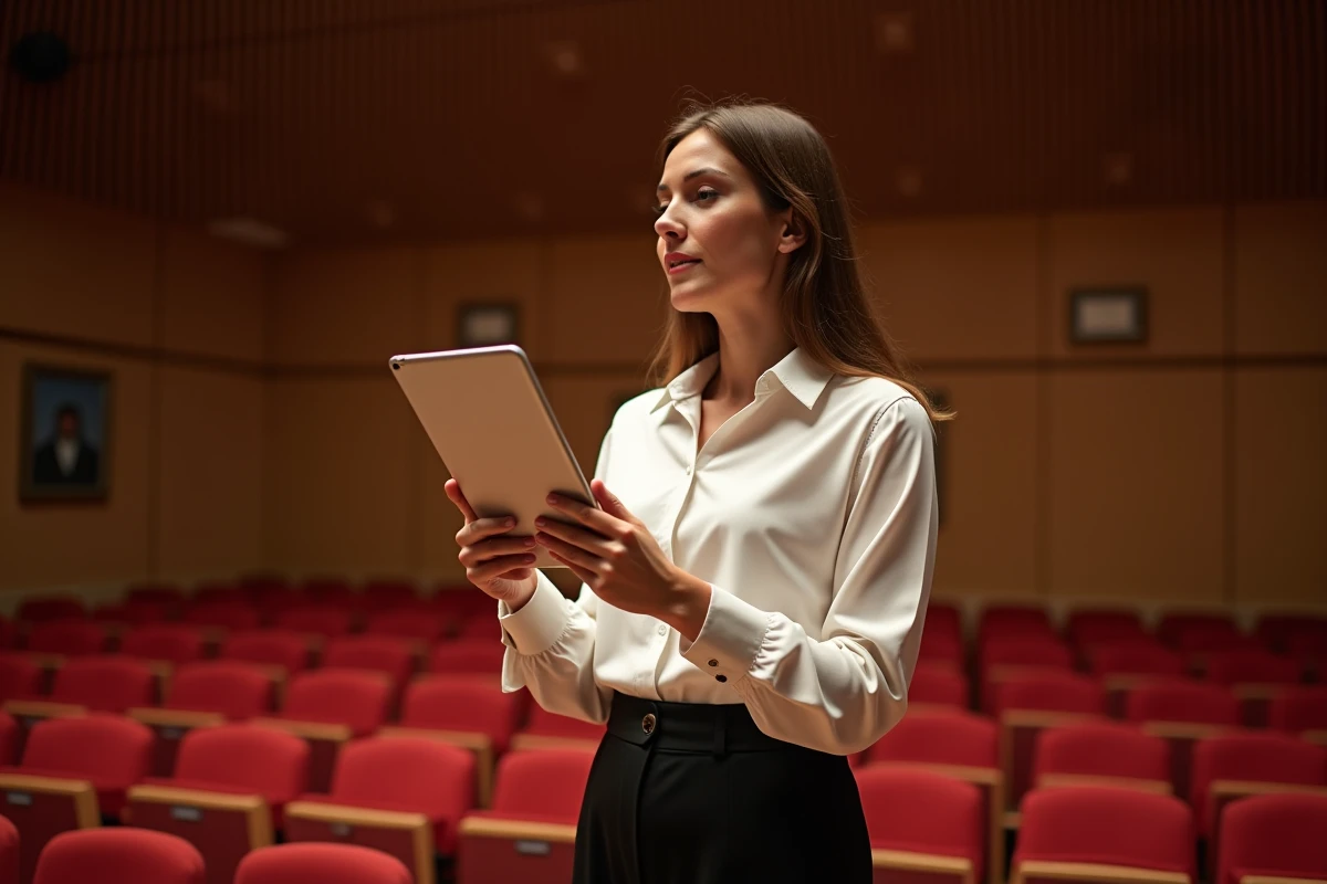 Chef dorchestre vérifiant le decibel avec son tablet dans la salle