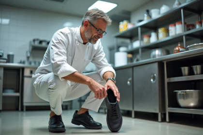 Chef inspectant chaussures de sécurité en cuisine professionnelle