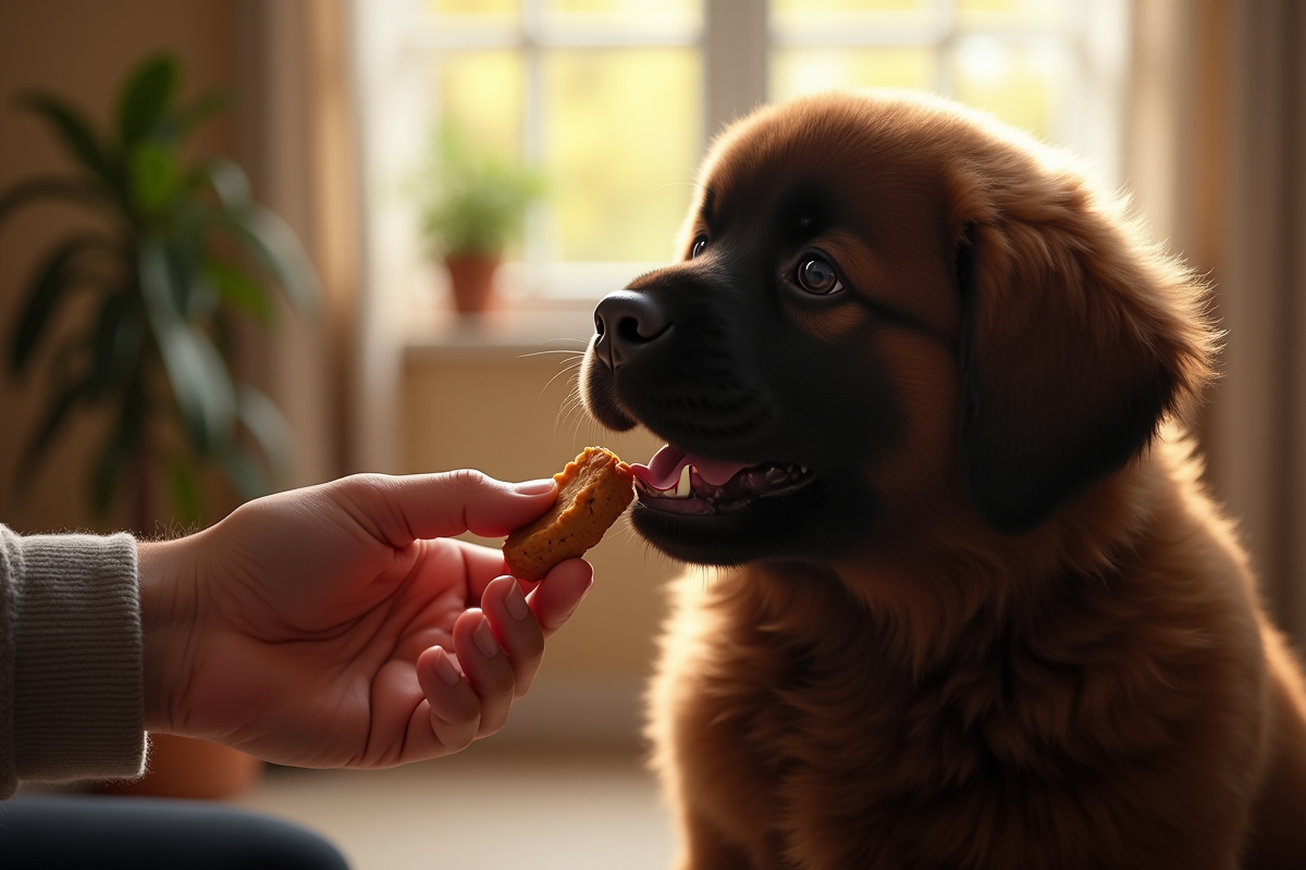 Chiot Newfoundland recevant une friandise dans un intérieur chaleureux