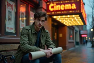 Homme tenant une affiche de film de guerre du Vietnam devant une façade de cinéma vintage en soirée