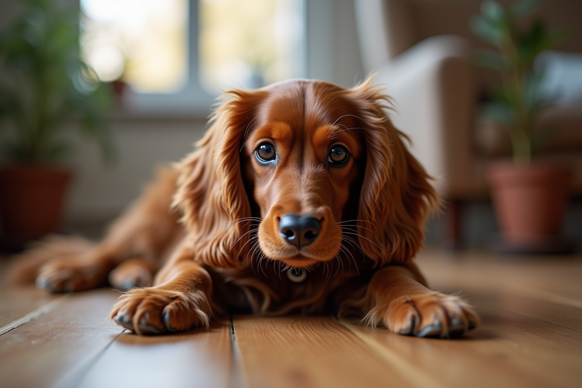 Cocker spaniel intérieur sur un sol en bois regardant l