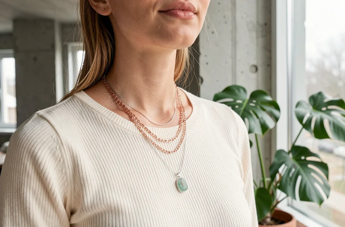 Femme portant des colliers superposés en argent et or rose avec pendentif en pierre verte claire sur pull crème