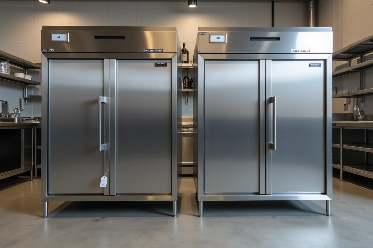 Comparaison entre équipement de cuisine en inox 304 et acier ordinaire dans un showroom de matériel professionnel