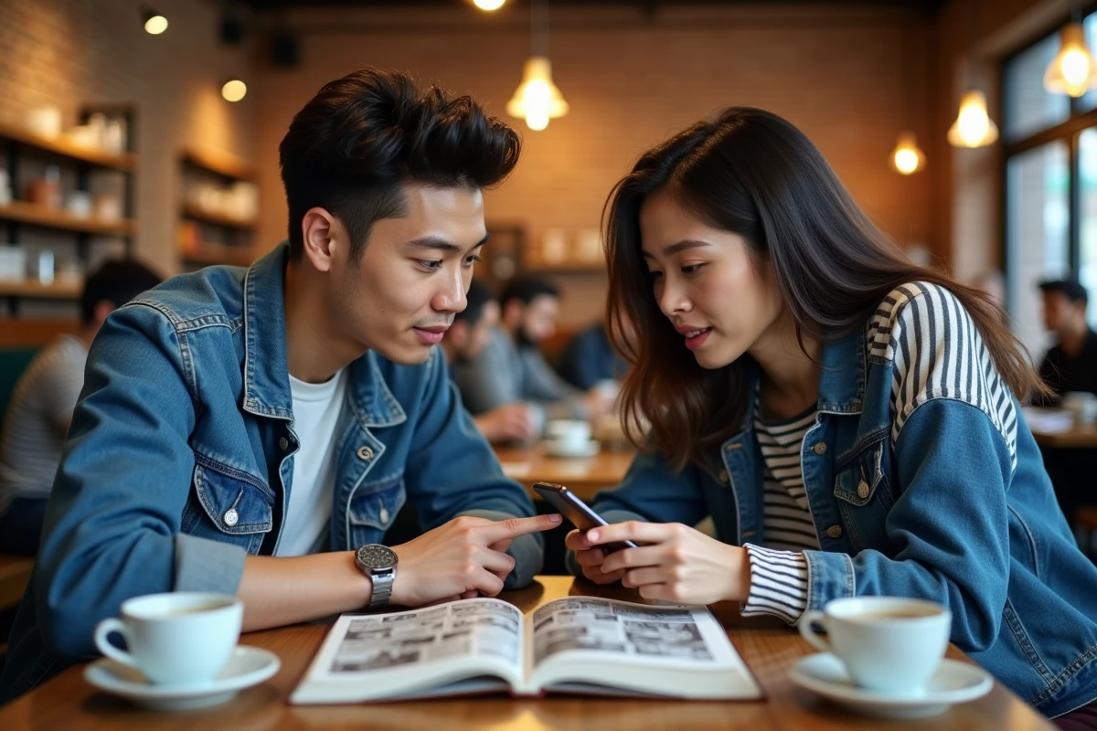 Deux amis comparant lecture de manga papier et scan numérique sur smartphone dans un café