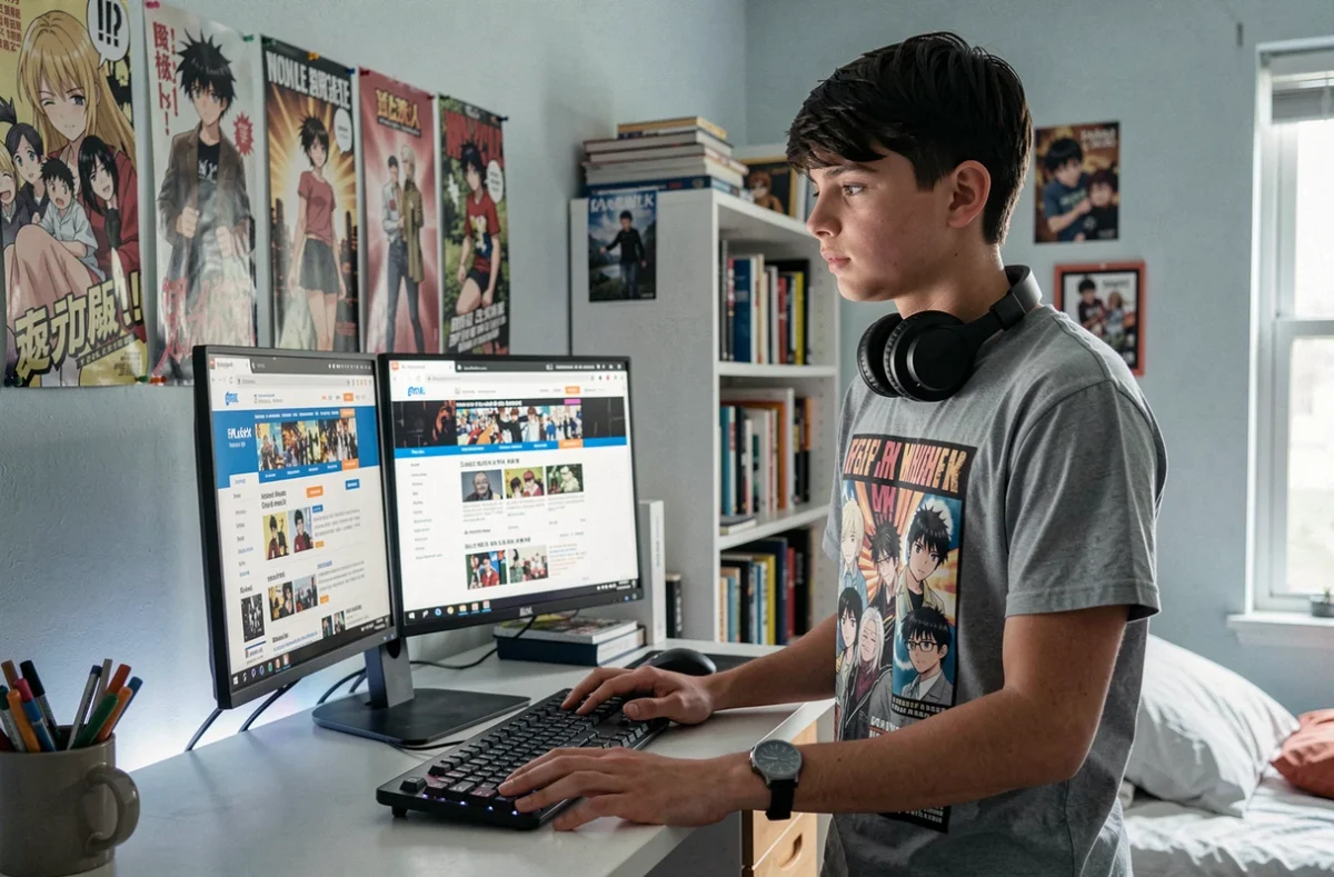 Adolescent comparant des sites légaux d'abonnement manga sur un écran d'ordinateur dans sa chambre