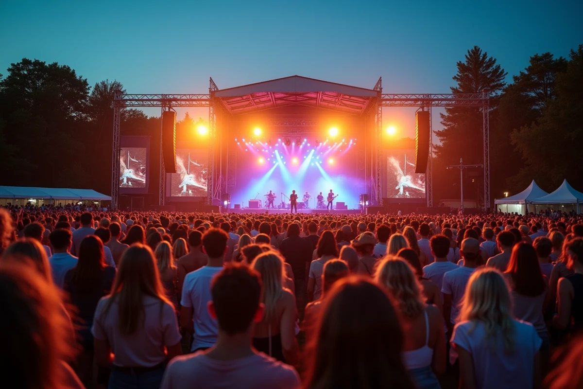 Concert en plein air lors de la soirée estivale de Villeneuve d'Ascq avec une foule animée devant une scène illuminée