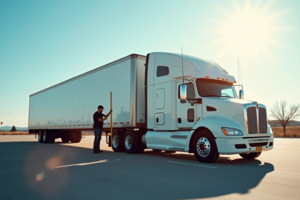 Conducteur de camion mesurant la longueur d'un grand semi-remorque en plein jour
