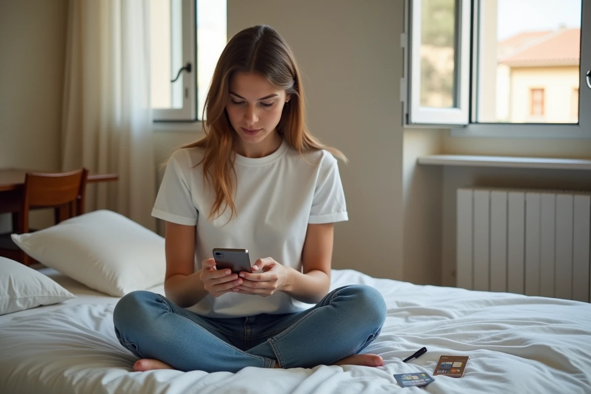 Jeune femme configurant sa carte SIM et l'indicatif +34 dans une chambre d'hôtel en Espagne
