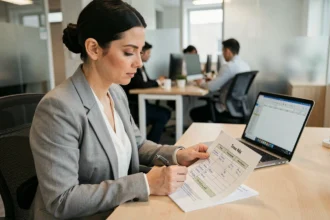 Femme au bureau analysant une feuille de temps de travail avec conversion minutes en heures