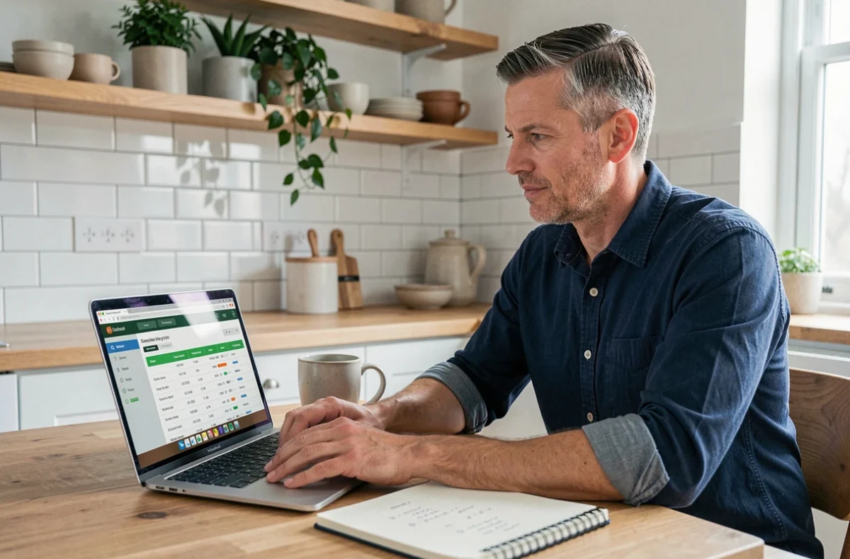 Homme en télétravail convertissant des minutes en heures sur un tableau de suivi du temps
