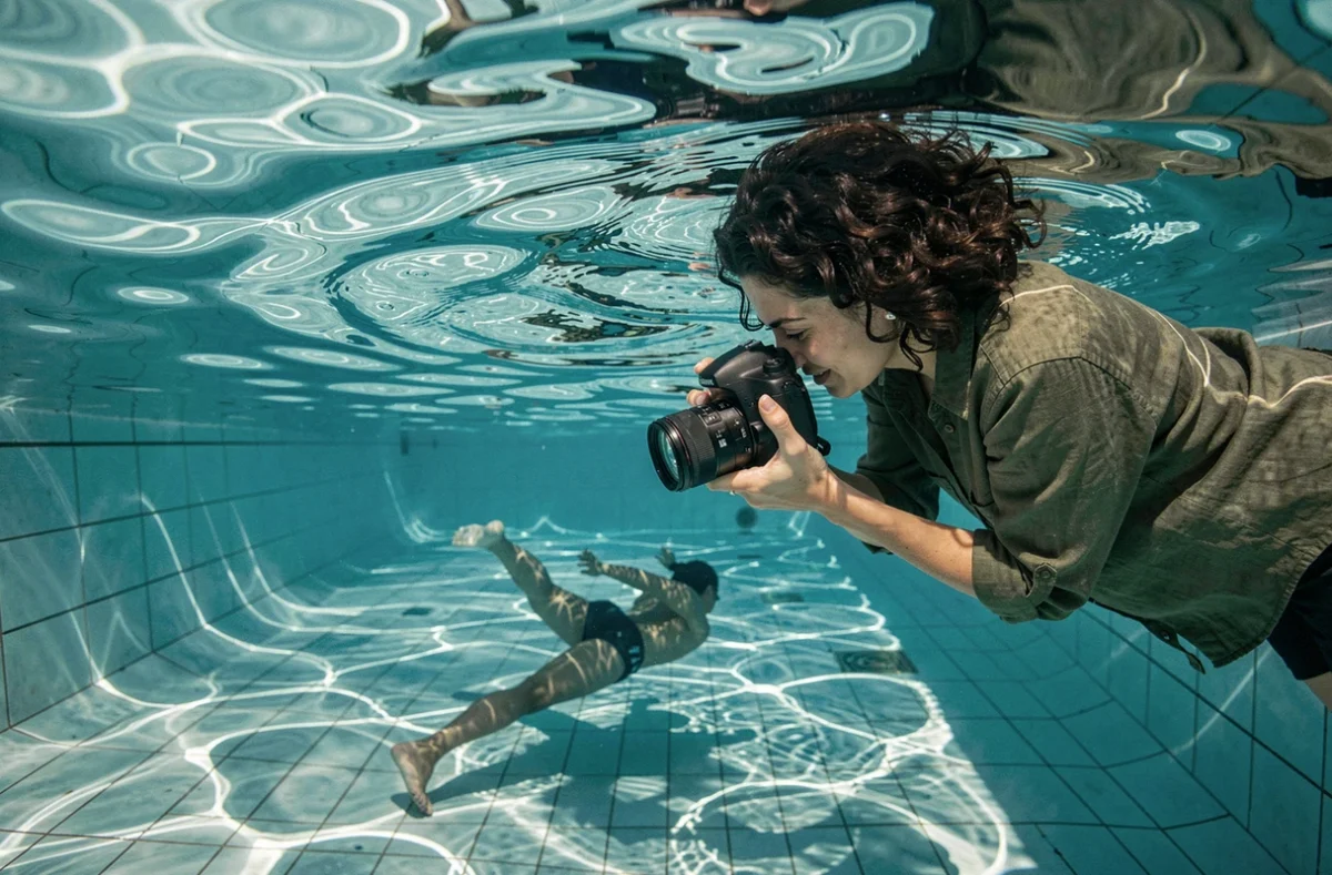Coralimage réalisant une séance photo subaquatique dans une piscine aux reflets turquoise
