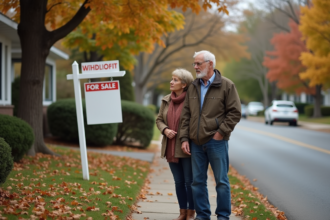 Couple d'adultes devant une maison avec panneau à vendre