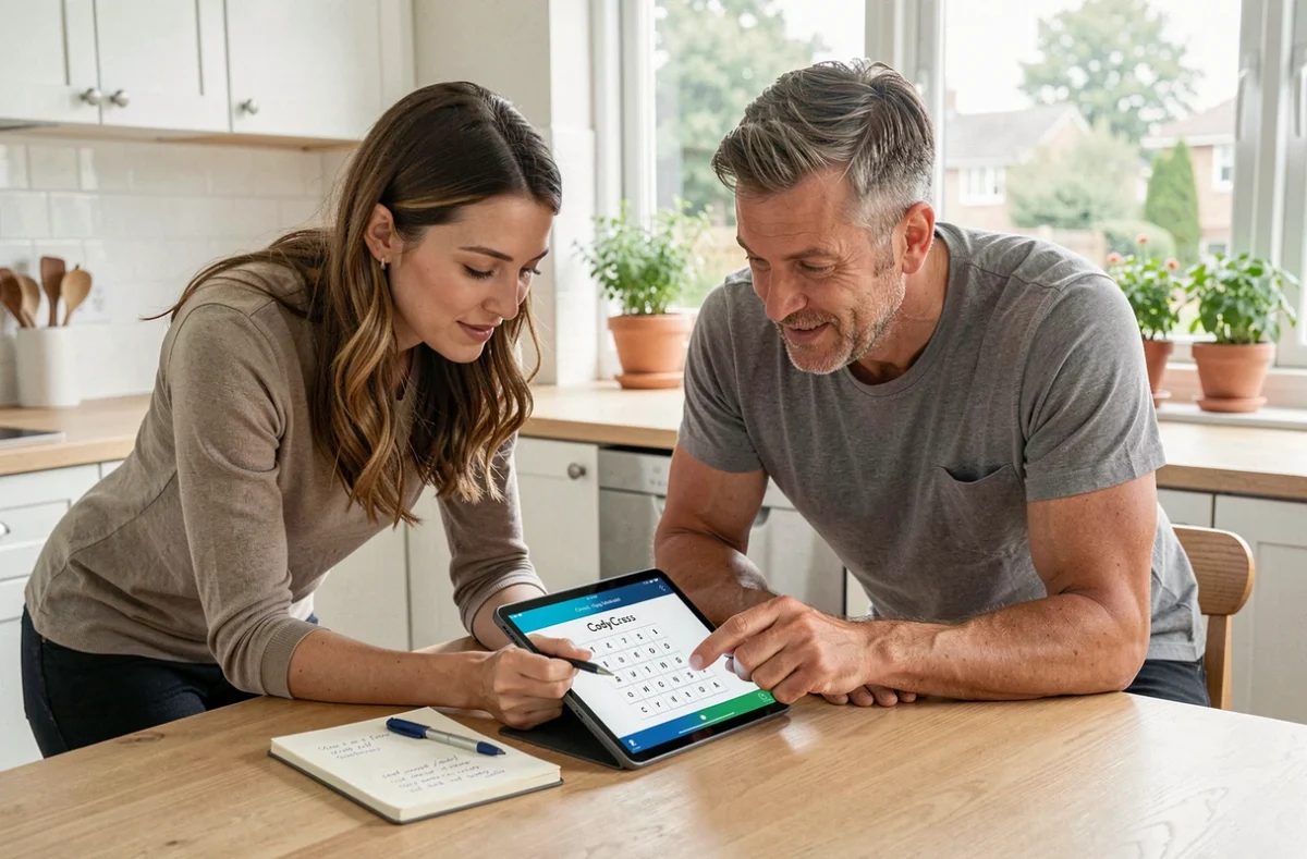 Couple adulte collaborant sur une application de mots croisés CodyCross sur tablette autour d'une table de cuisine contemporaine